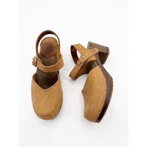 Sandgrens Handmade Swedish Tan Nubuck Leather Wooden Platform Clog Size 39 8-8.5